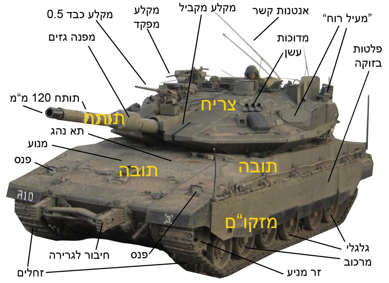 Israeli Merkava Mk IV M tank equipped with Trophy active protection system charging through desert terrain near the Gaza border