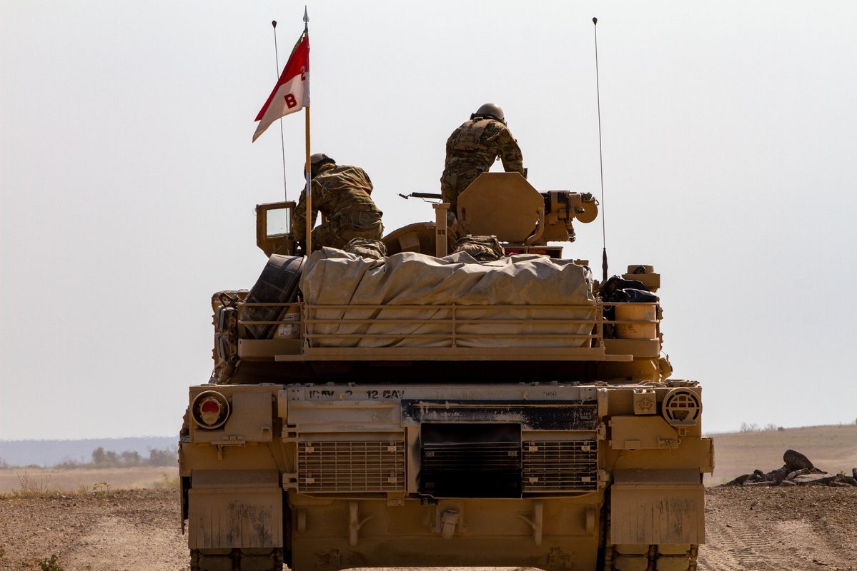 M1 Abrams main battle tank in a field exercise showing its 120mm smoothbore main gun