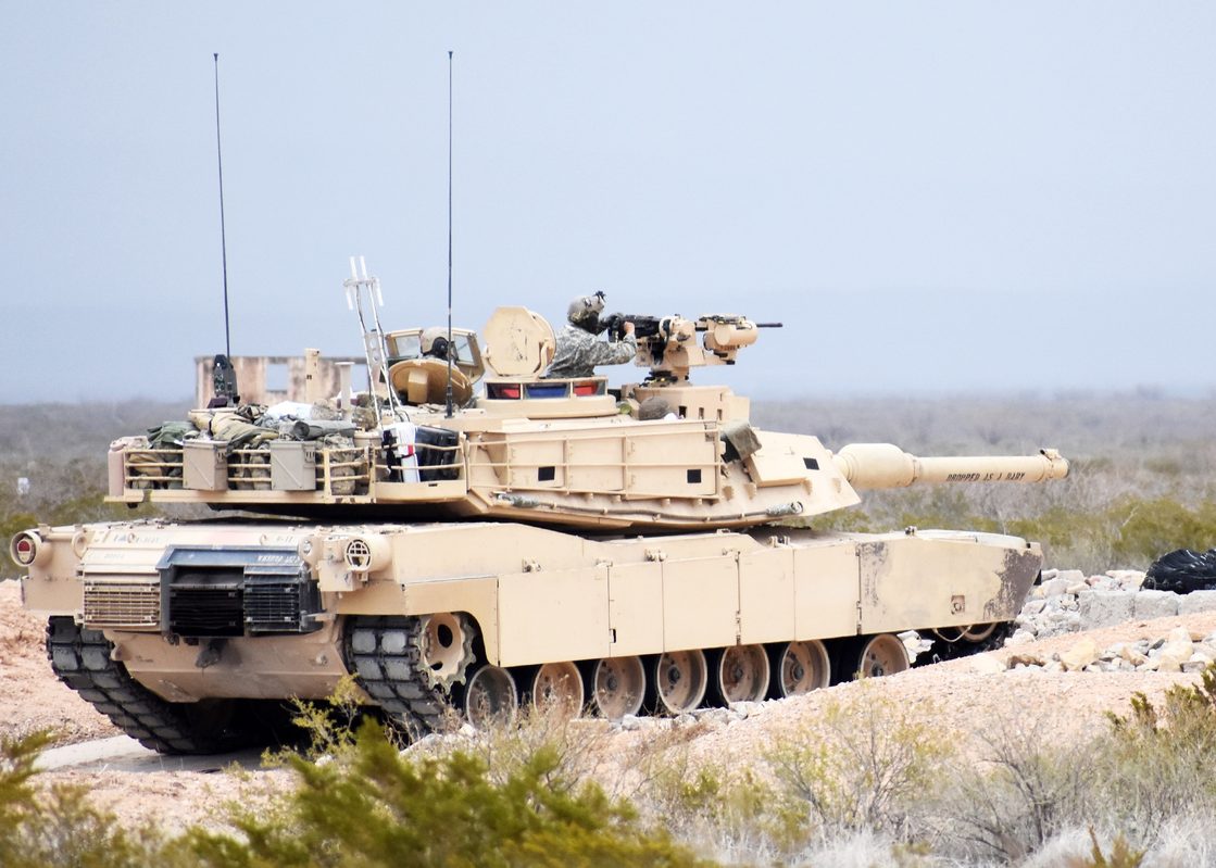 M1 Abrams tank with Trophy APS installed during evaluation testing in a desert environment