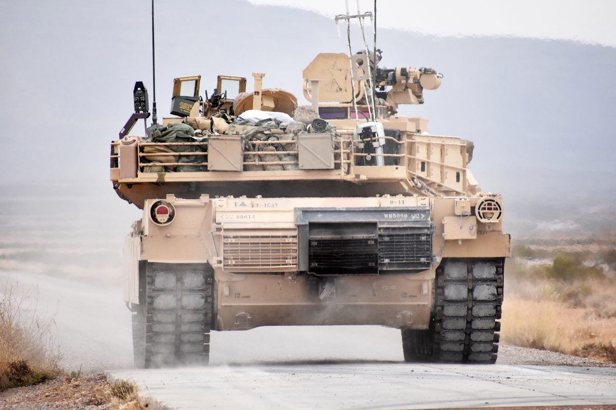 Close-up of Trophy APS radar panel and countermeasure launcher mounted on an M1 Abrams turret