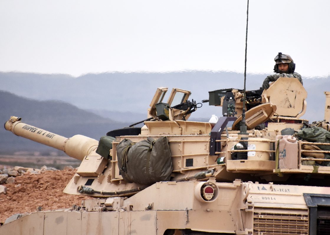 U.S. Army soldiers testing the Trophy Active Protection System on an M1A2 SEPv2 Abrams tank at Fort Bliss