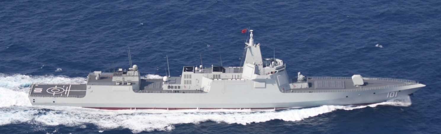 Type 055 Renhai-class destroyer underway at sea showing its integrated mast and VLS cells