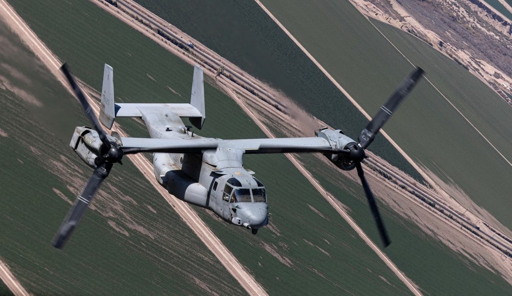 MV-22 Osprey conducting flight operations over desert terrain near the Goldwater Ranges in California
