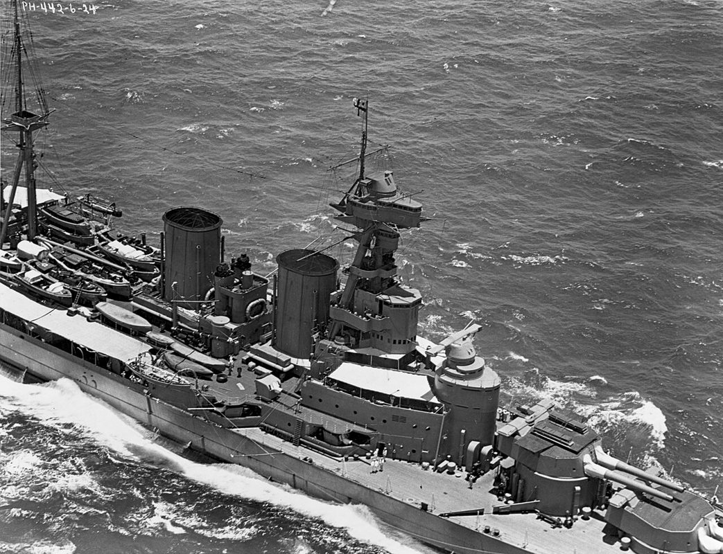 HMS Hood at sea showing the battlecruiser's massive length and main armament