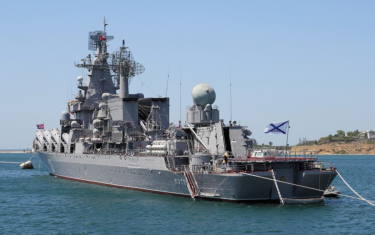 Russian guided-missile cruiser Moskva at sea showing its massive anti-ship missile launchers and radar arrays