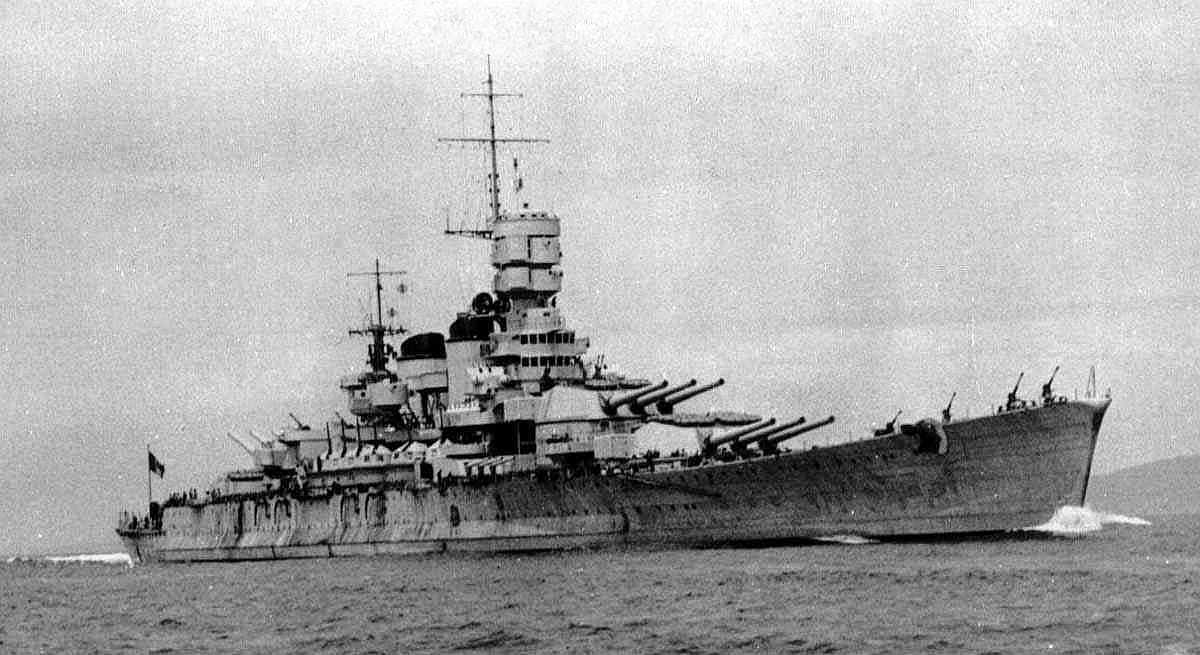 Italian battleship Roma at sea showing her sleek Littorio-class hull and triple gun turrets