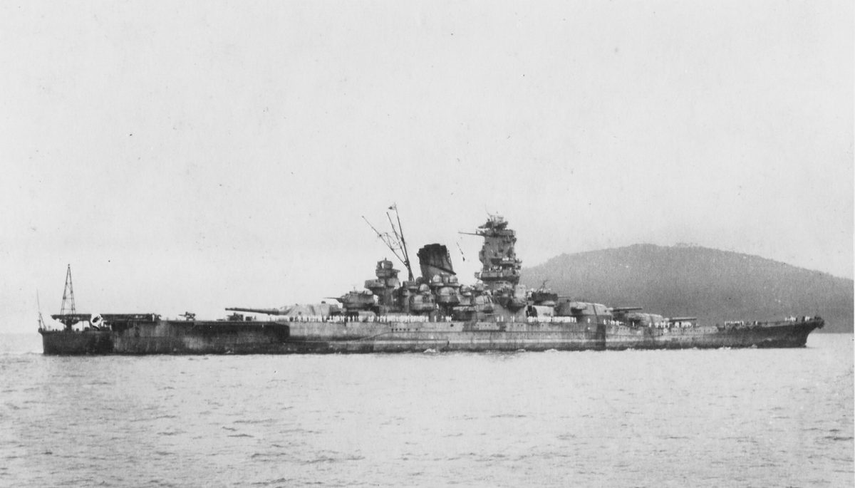 Yamato starboard profile view showing her distinctive pagoda superstructure and long hull