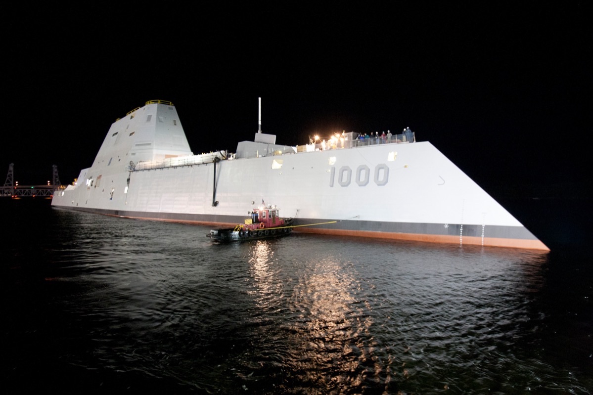 Zumwalt-class destroyer under construction at Bath Iron Works showing the hull structure taking shape
