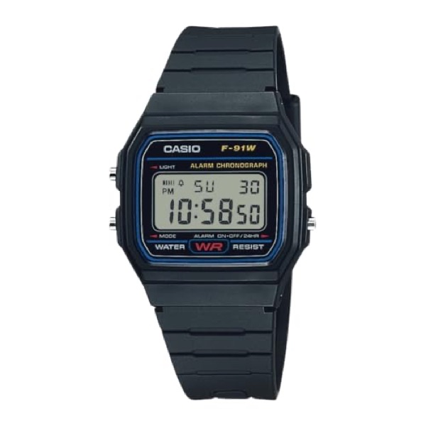 Casio F-91W classic digital watch on black resin band