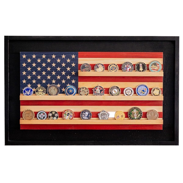 Flags of Valor wooden American flag challenge coin display