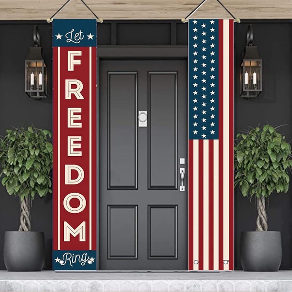 Patriotic porch banner set with red white and blue bunting