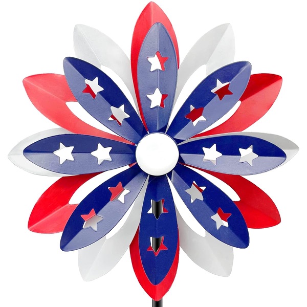 Patriotic red white and blue wind spinner for garden