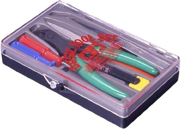 Tamiya Basic Tool Set with nippers, file, tweezers, and knife