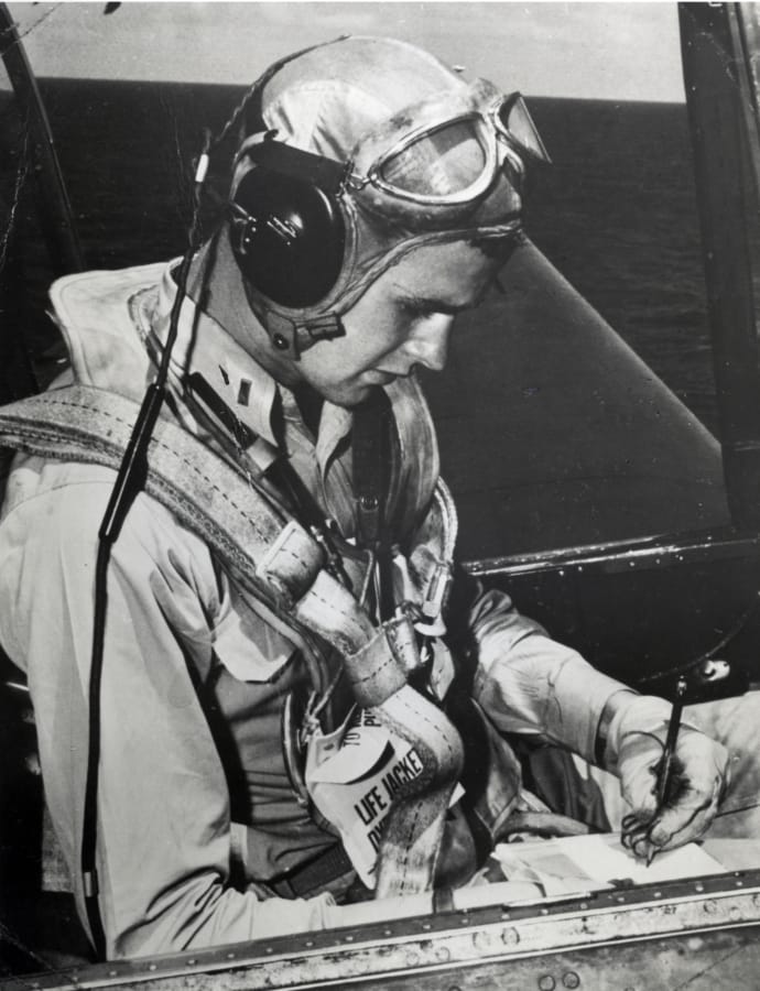 George H. W. Bush in the cockpit of an Avenger. Photo courtesy George Bush Presidential Library and Museum.