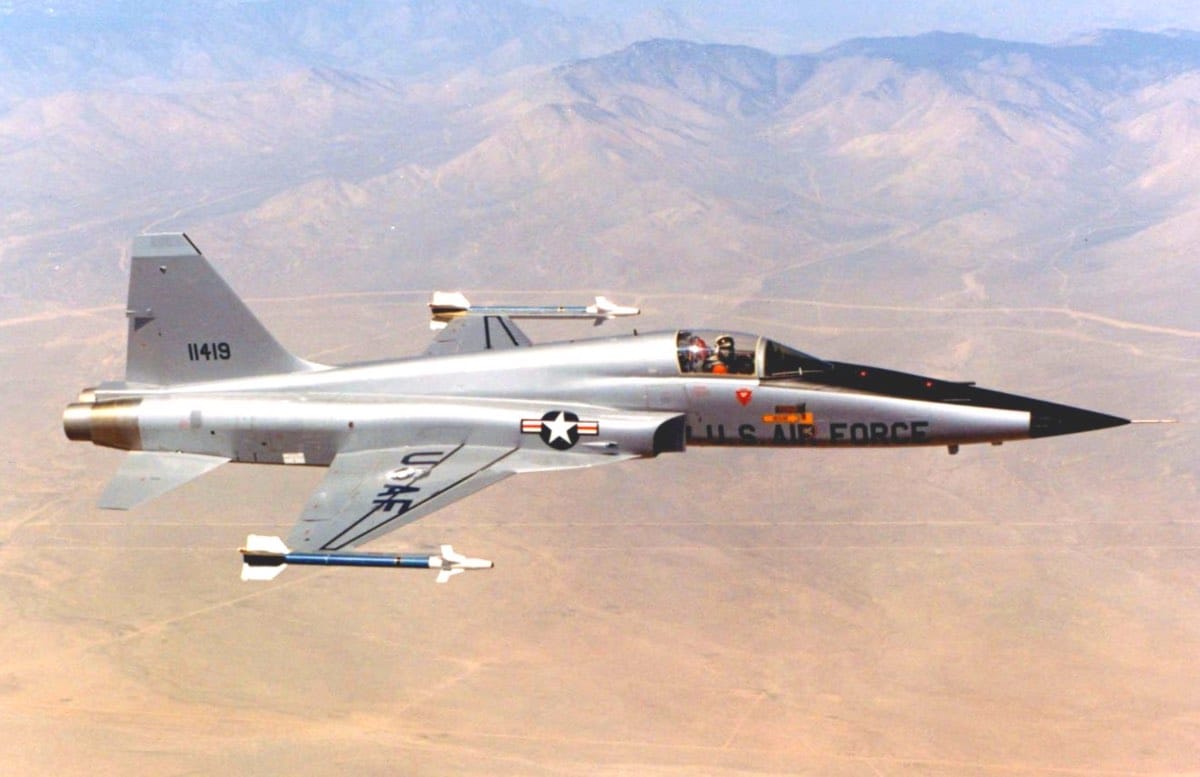 Northrop F-5E Tiger II in flight over desert terrain