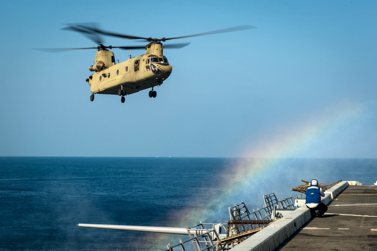 CH-47 Chinook Helicopter lands