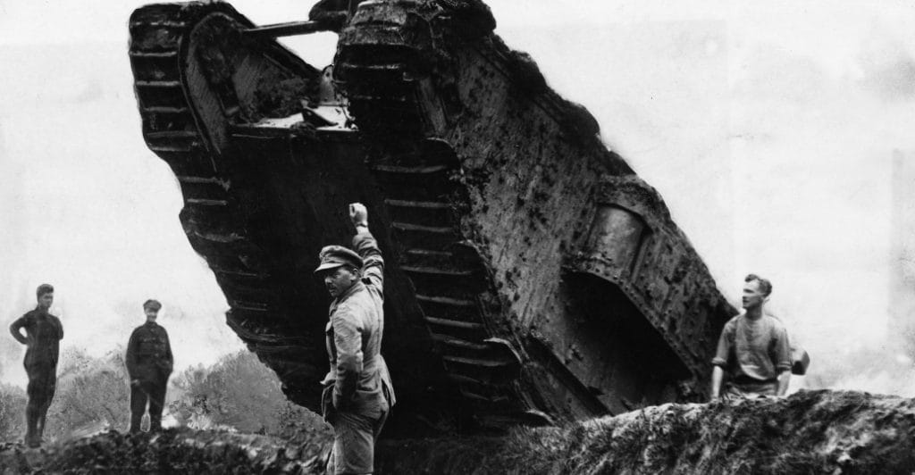 British tank rolling over a trench during World War I