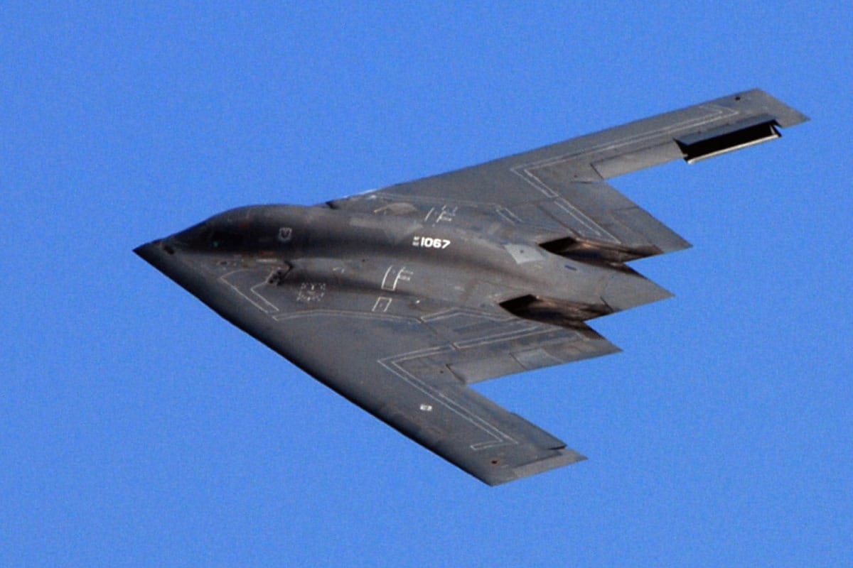 Northrop Grumman B-2 Spirit stealth bomber in flight showing its flying wing design