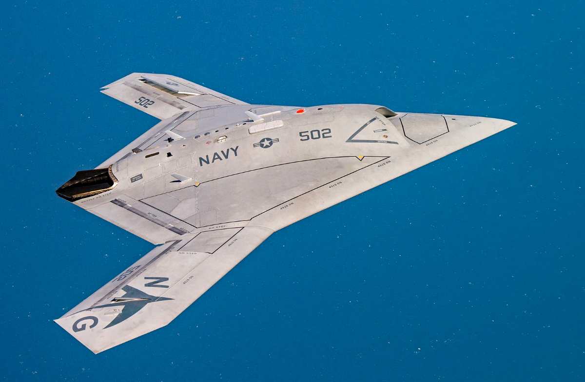 A unmanned X-47B operating over the Atlantic Test Range (most expensive military drones)