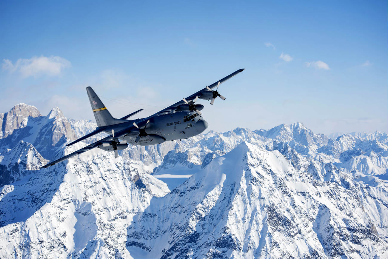 C-130 Hercules flying over Denali National Park