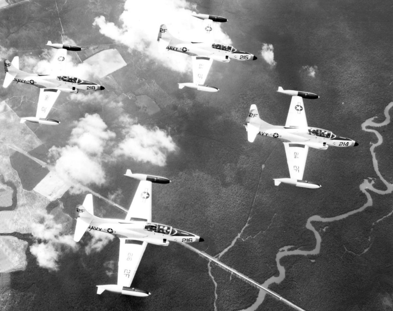 Four Lockheed T2V-1 Seastars in flight training formation